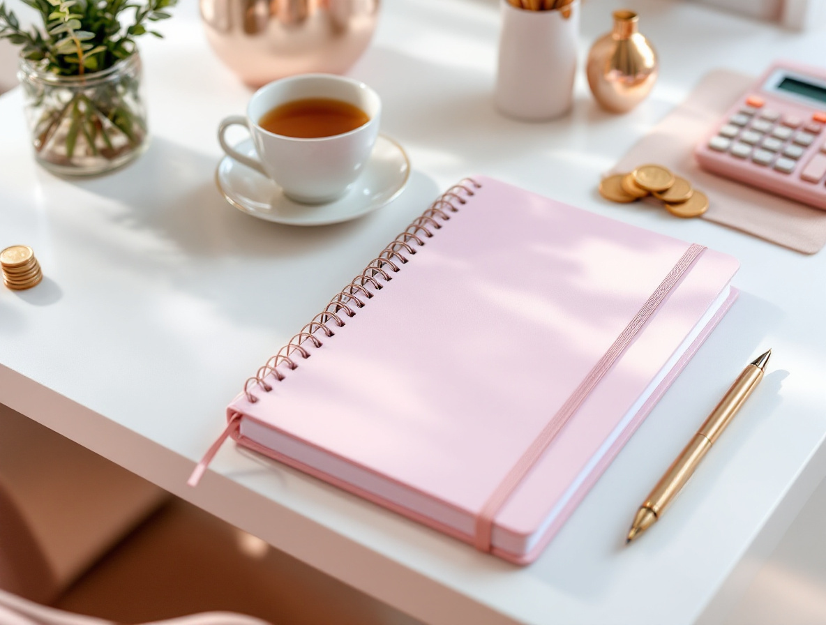 Carnet de comptes, calculatrice et pièces sur un bureau