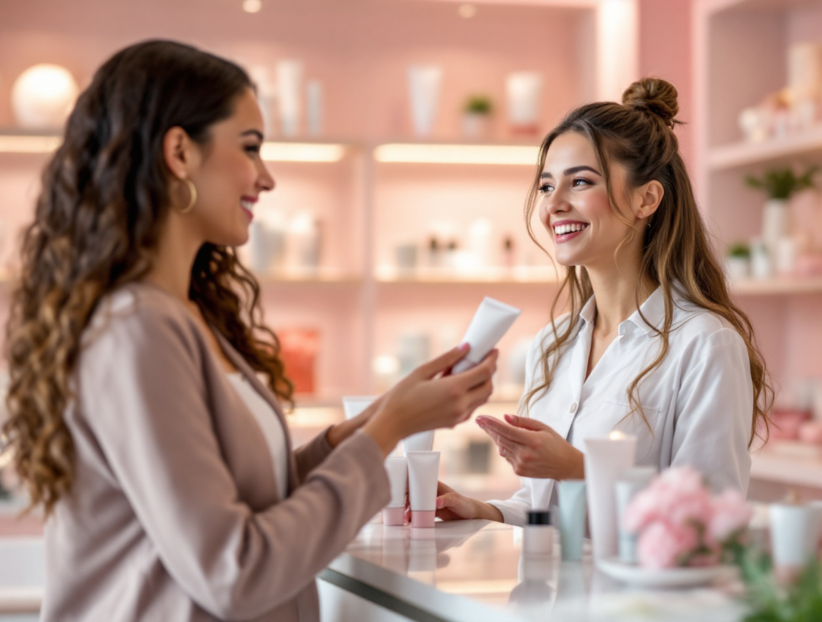 Conseillère présentant des crèmes pour les mains à une cliente