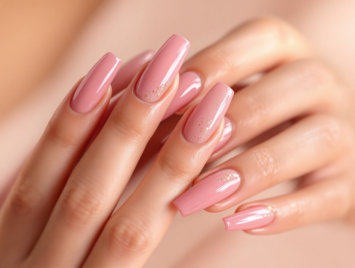 Ongles longs en capsules américaines rose bois avec feuille d’or