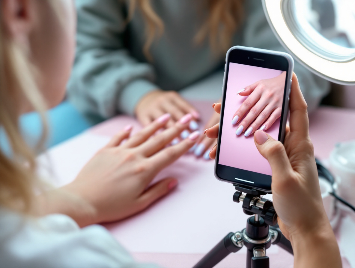 Prothésiste photographiant une pose pour les réseaux sociaux