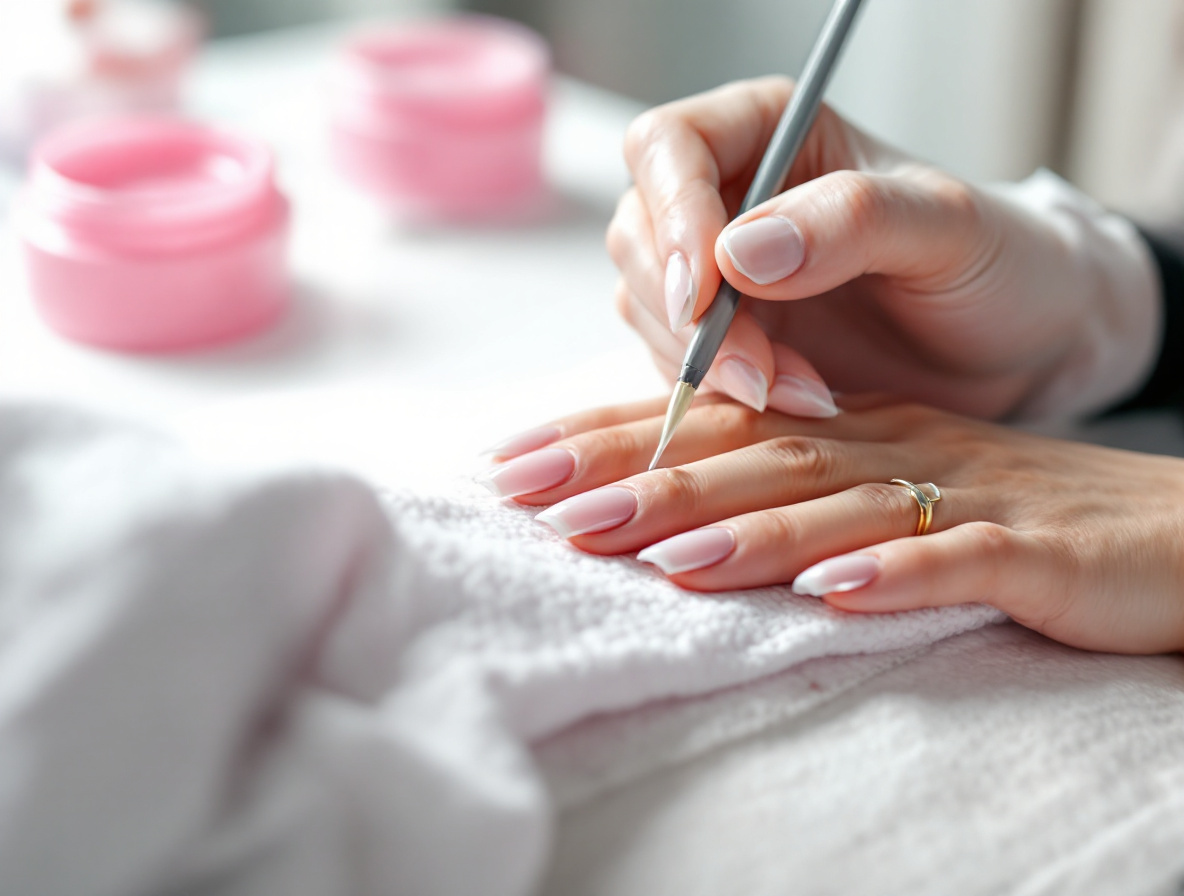 Formatrice appliquant du gel de construction sur une extension d’ongle