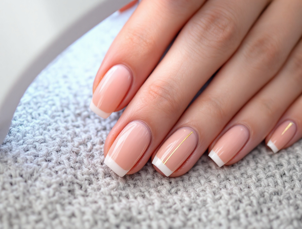 Ongles courts en gel nude avec fines lignes dorées
