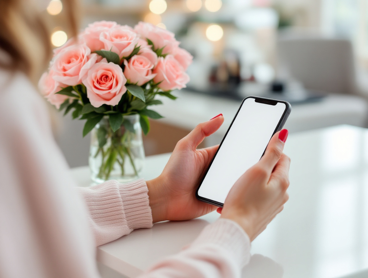 Gérante programmant une publication sur son smartphone au comptoir du salon