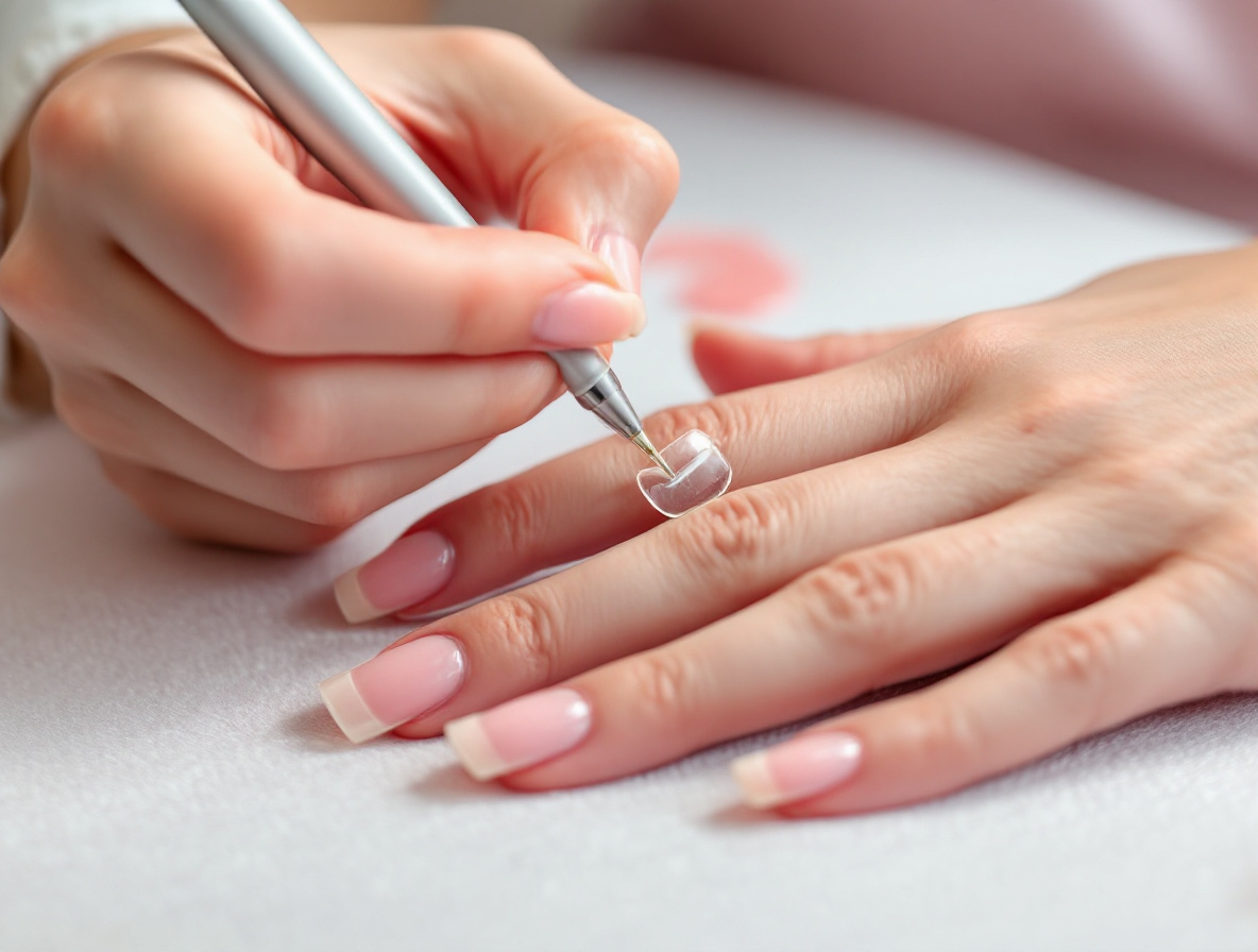 Pose d’une capsule popits transparente sur un ongle naturel