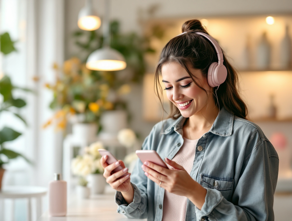 Gérante utilisant un assistant vocal en ouvrant son salon